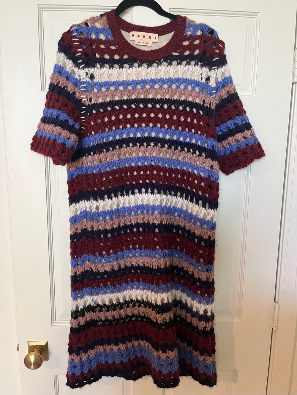 Marni Multicolor Striped Open-Knit Wool Dress - Burgundy, Blue, White, Mauve